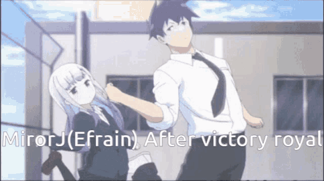 a man and a girl are standing next to each other with the words after victory roy on the bottom
