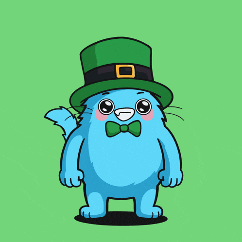 a cartoon cat with a green hat and bow tie
