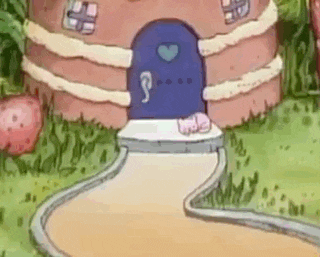 a cartoon of a gingerbread house with a blue door .