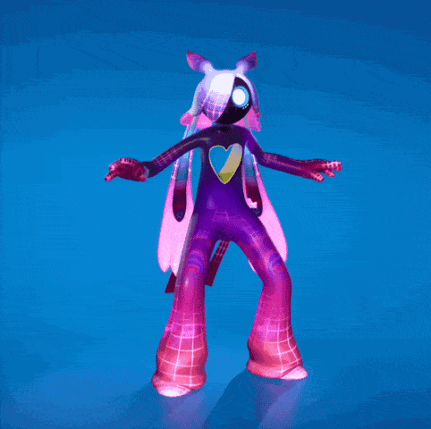 a person in a purple and pink costume is pointing
