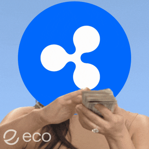 a woman is holding a stack of money in front of a blue circle with the word eco on it