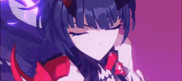 a close up of a girl with horns and a purple background in a video game .