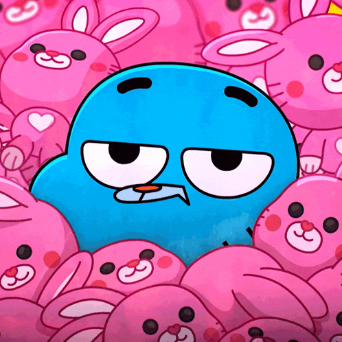 a blue cartoon character is surrounded by pink stuffed rabbits