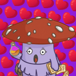a cartoon illustration of a mushroom holding a bottle of liquid