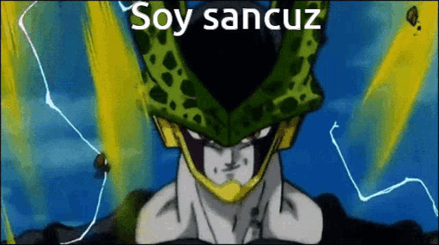 a picture of a cell from dragon ball z with the words soy sanctuz on the bottom