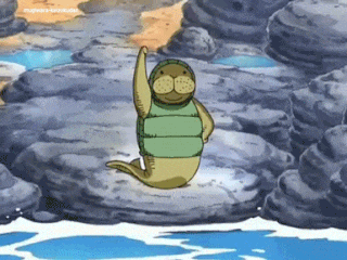 a seal wearing a life preserver is standing on a rock in the water