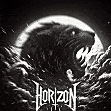 a black and white image of a wolf with the word horizon on the bottom