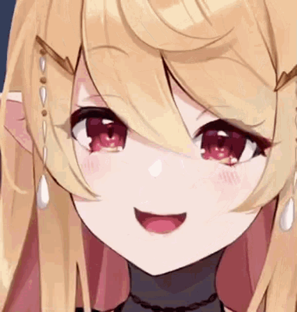 a close up of a cute anime girl with blonde hair and red eyes .