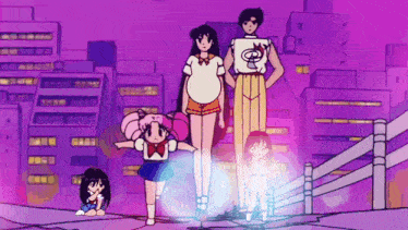 a group of cartoon characters are standing in front of a city skyline