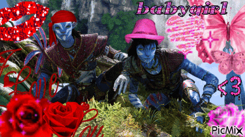 a picture of two avatar characters with the words babygirl in pink letters