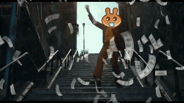 a cartoon character with a pacifier in his mouth is standing on a set of stairs with money falling around him