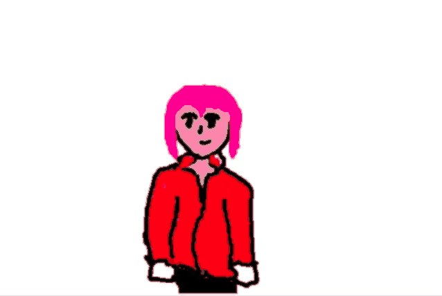 a girl with pink hair is wearing a red jacket