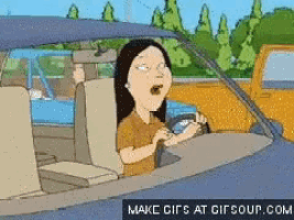 a cartoon of a woman driving a car with the words make gifs at gifsoup.com