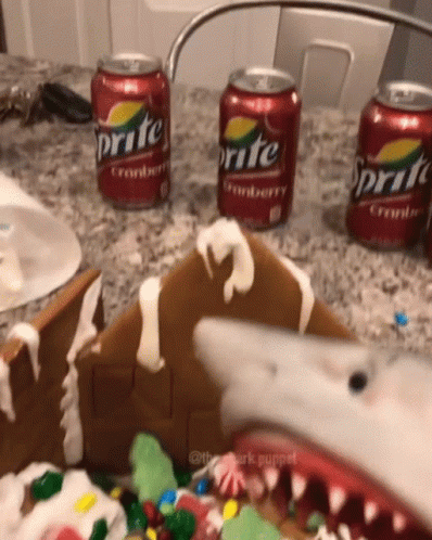 Shark Puppet Gingerbread House GIF