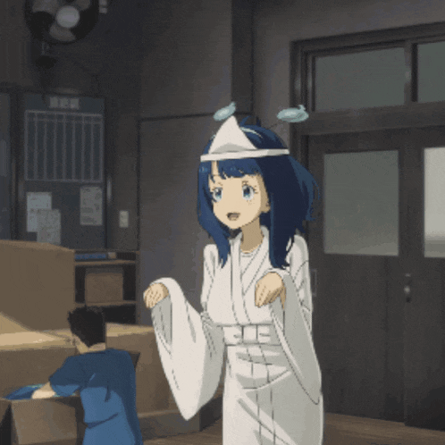 a girl with blue hair is wearing a white kimono and a hat
