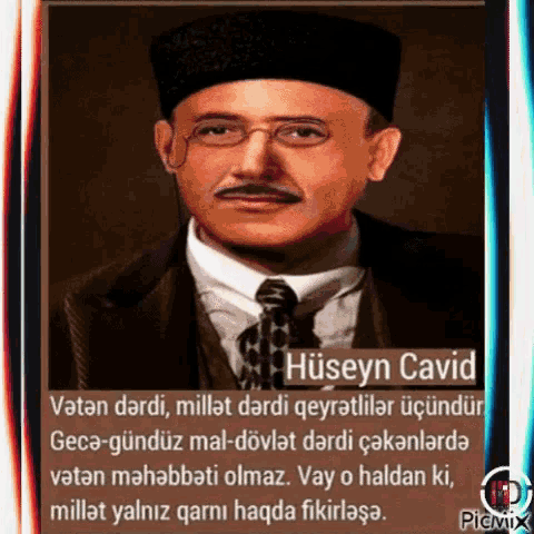a picture of a man with glasses and a mustache with the name hüseyin cavid on the bottom