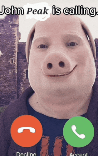 a picture of a pig with the words john peak is calling on it