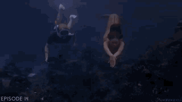 a man and a mermaid are swimming in the ocean holding hands .