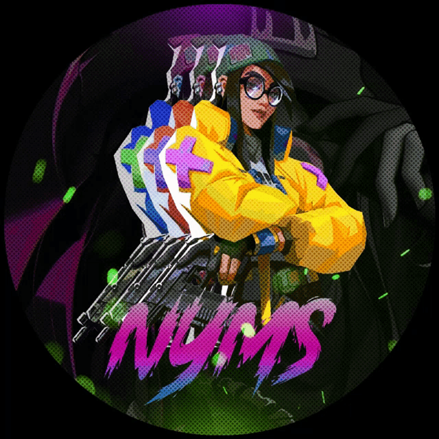 a woman in a yellow jacket holding a gun with the word nums on the bottom right