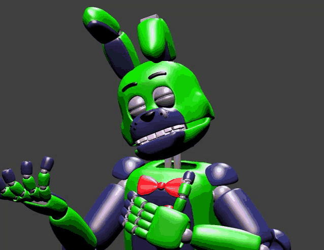 a green and blue robot with a red bow tie on his neck