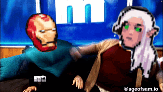 a pixel art of a man and a woman sitting on a couch