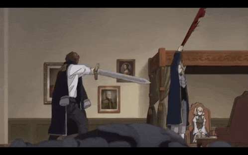 a man is holding a sword in a room in front of a bed .