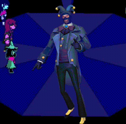 a man in a suit with a jester 's mask on his face is dancing on a stage .