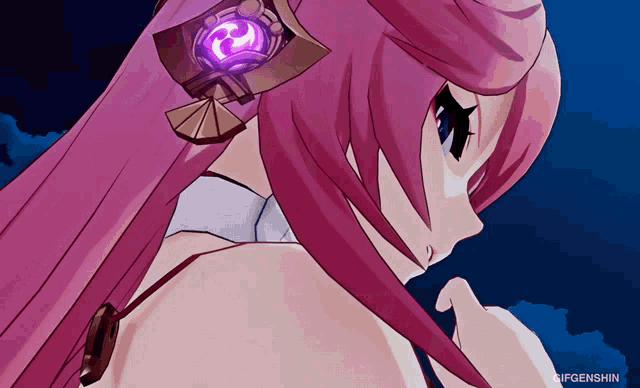 a close up of a pink haired anime character with the gifgenshin logo in the corner