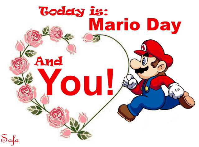 a mario day greeting card with roses and a heart