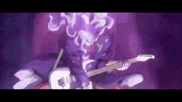 a man in a purple suit is playing a guitar in a purple room .