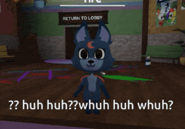 a blue cat is standing in front of a return to lobby sign