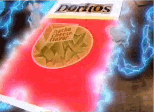 a box of doritos nacho cheese flavor is surrounded by lightning