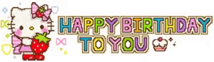 a hello kitty holding a strawberry says " happy birthday to you "