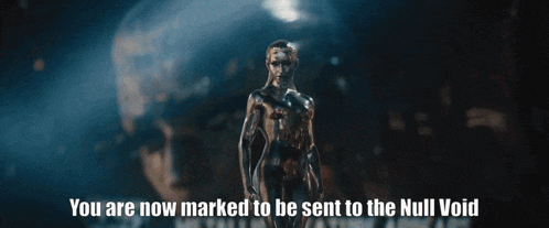 a statue with the words " you are now marked to be sent to the null void " written below it