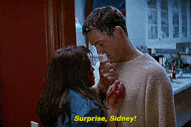 a man and a woman are kissing and the woman says surprise sidney ..