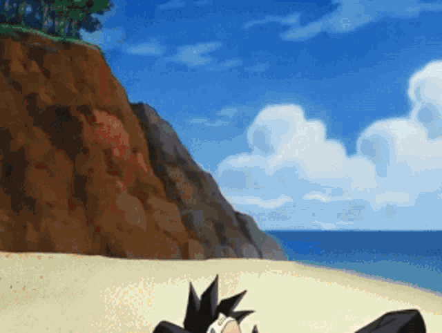 a cartoon character is laying on a beach with a mountain in the background