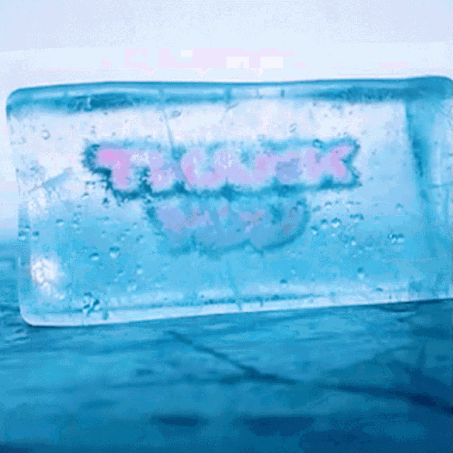 a blue block of ice with the word thugs written on it