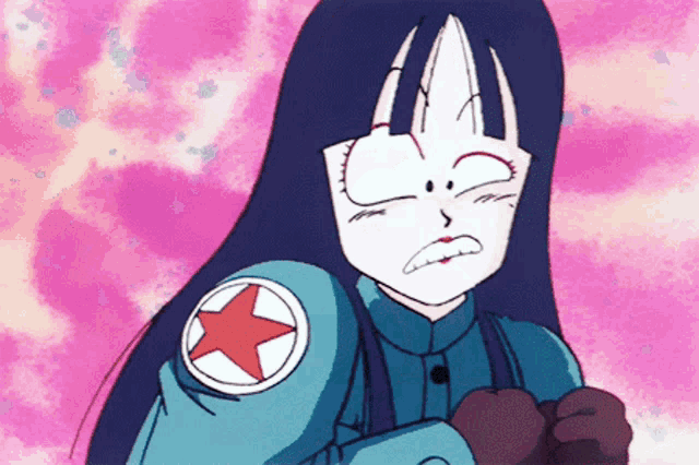 a girl with long black hair has a red star on her sleeve
