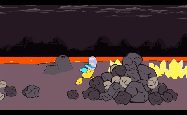 a cartoon drawing of a man standing in front of a pile of rocks
