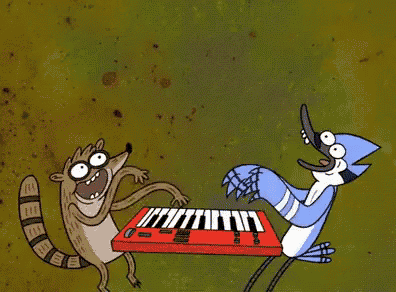 a cartoon of a raccoon and a blue bird playing a piano