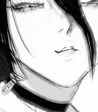 a black and white drawing of a woman 's face with a choker around her neck with the letter c on it