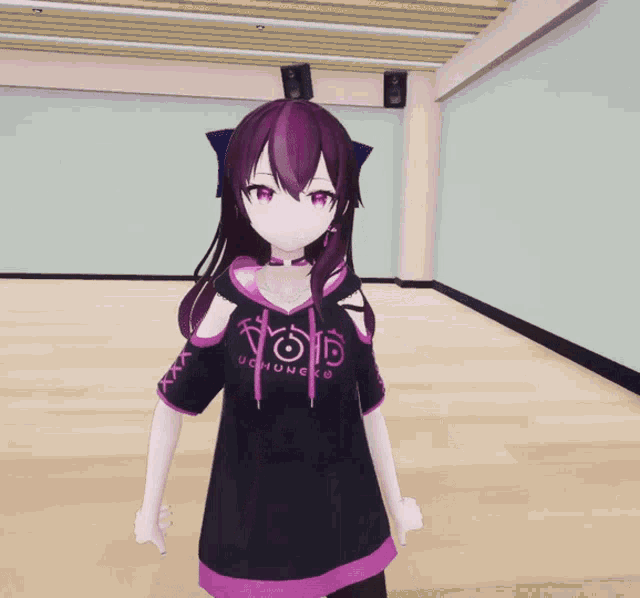 a girl with purple hair is wearing a black shirt that says ue huneko