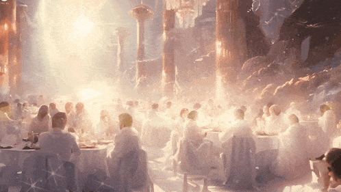 a crowd of people are sitting at tables in a room with a light shining through the ceiling