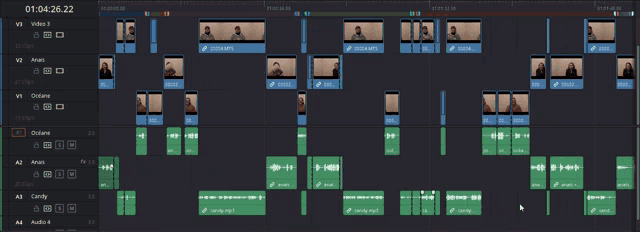 a computer screen shows a timeline of a video being edited with a time stamp of 1:04:26:22