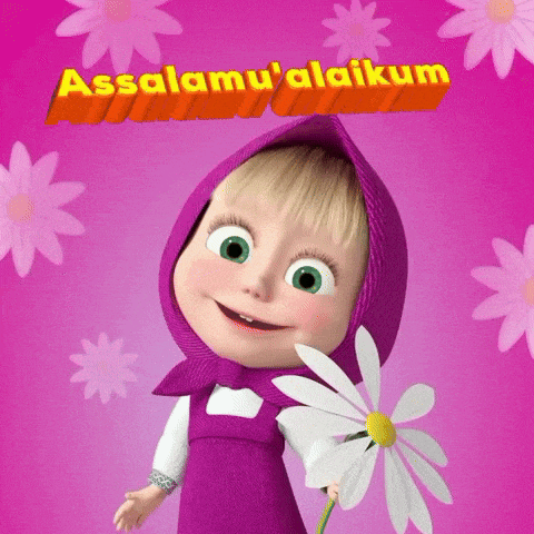 a cartoon character holding a flower with the words assalamu ' alaikum on the bottom