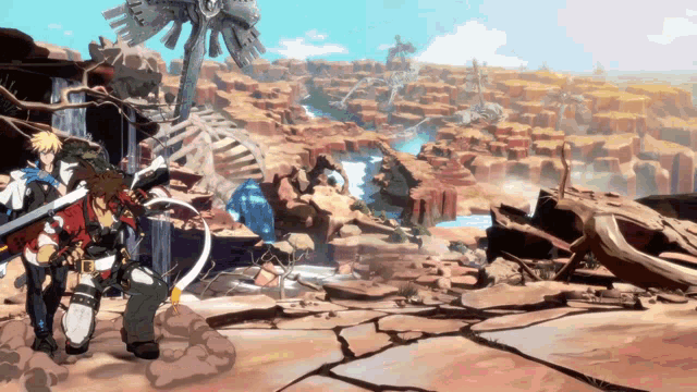 a video game scene with a skeleton and a waterfall