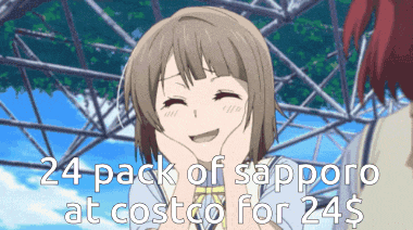 a picture of a girl with the words 24 pack of sapporo at costco for 24 $