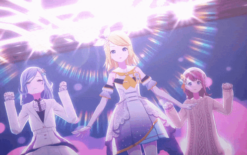 a group of anime girls are dancing on a stage with a purple background