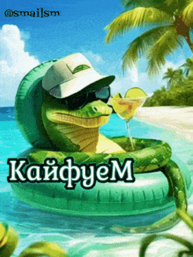 a picture of a snake floating on a raft with a drink in its mouth and a caption that says kaifyum
