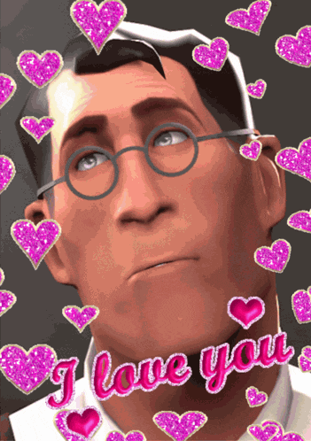 a man with glasses surrounded by pink hearts and the words i love you
